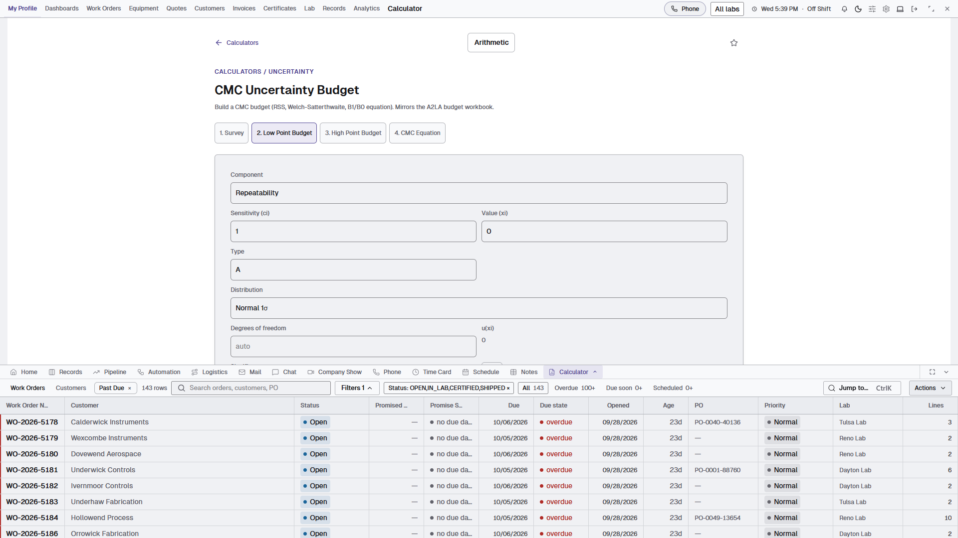 CMC budget tool with contribution values, distributions, sensitivity and degrees of freedom.