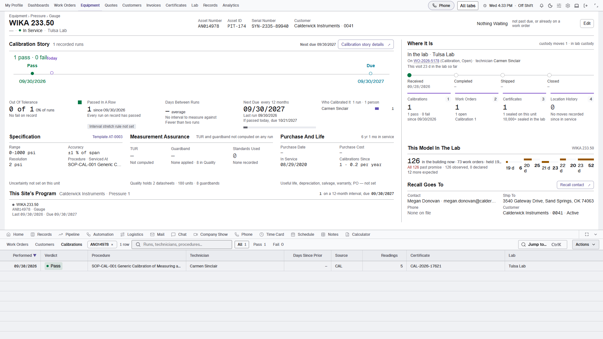 WIKA 233.50 instrument with calibration history, work, due date and related records.