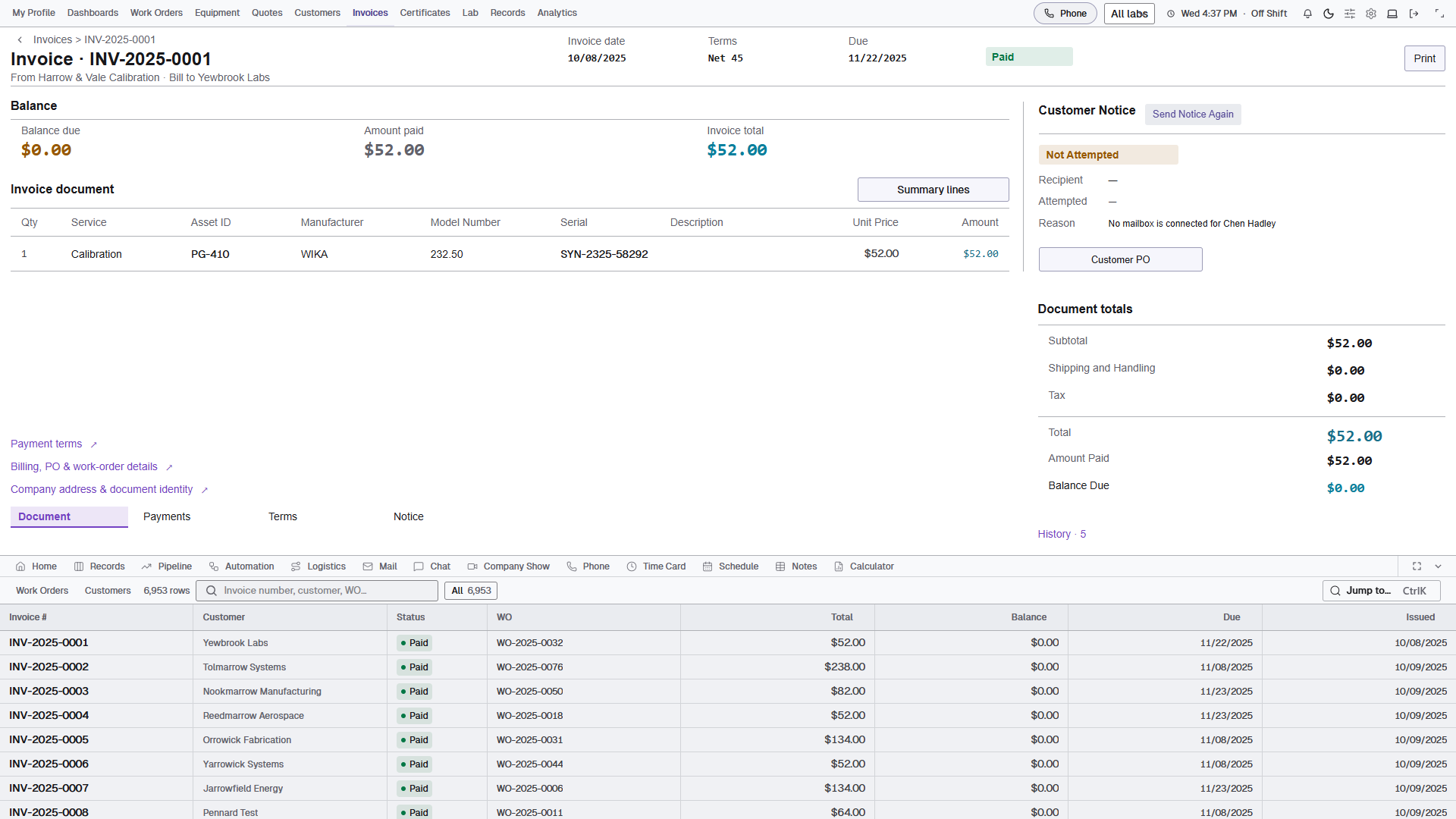 Invoice with instrument service line, amount paid, total and balance.