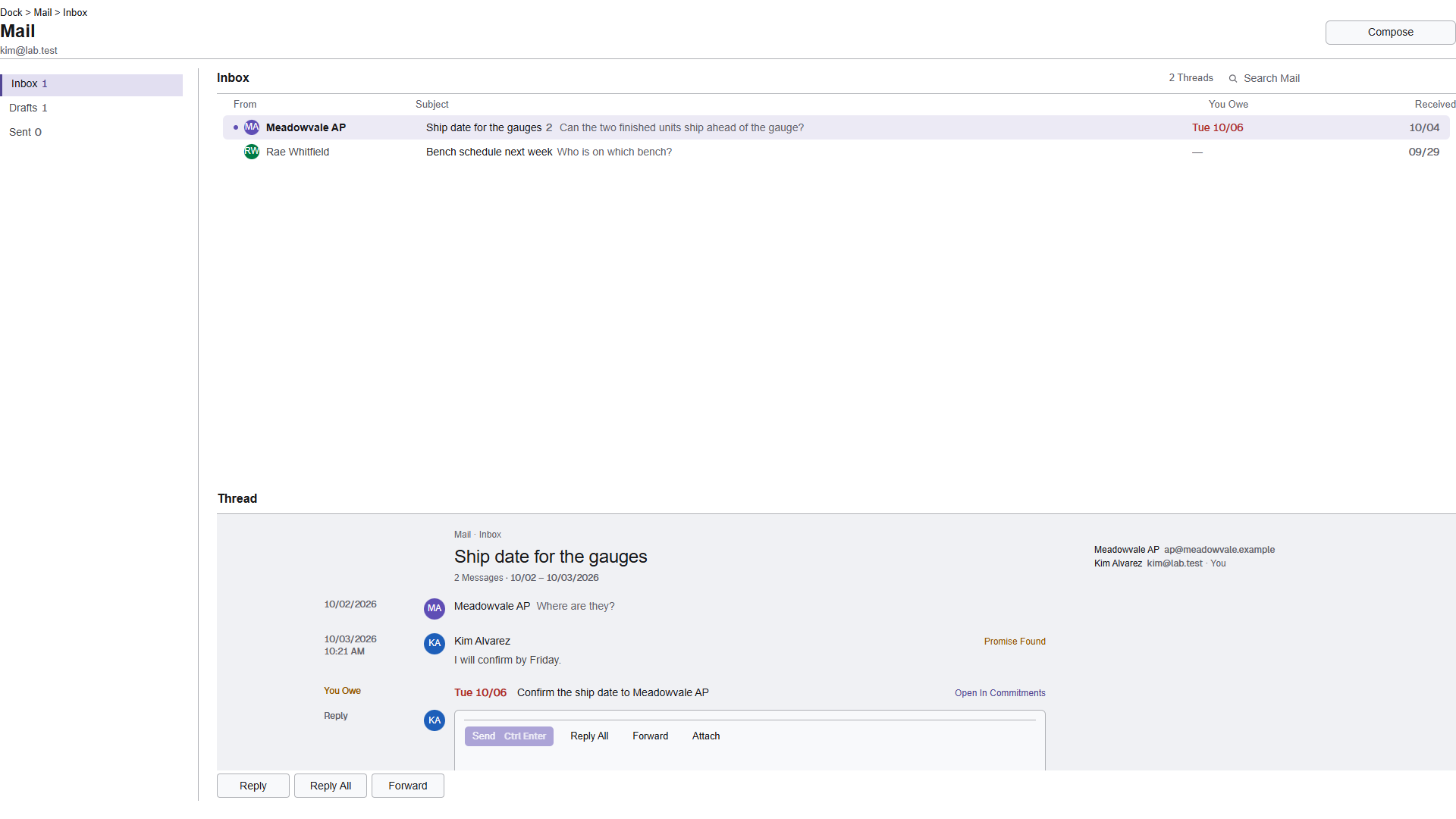 Customer email conversation with message history, reply workspace and linked follow-up commitment.
