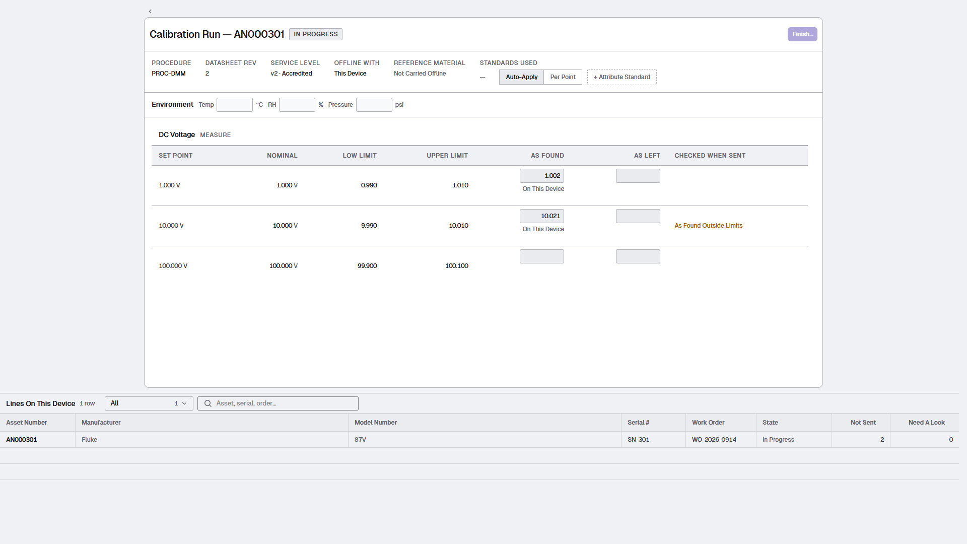 Offline calibration workspace with retained measurement definitions, captured observations and local-send standing.