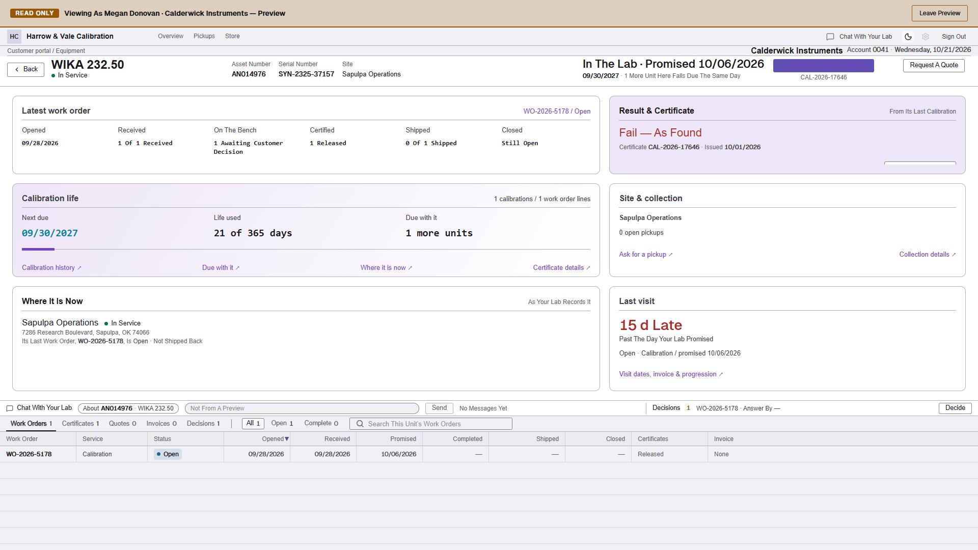 Customer equipment record with service journey, due date, released certificate and customer decision context.