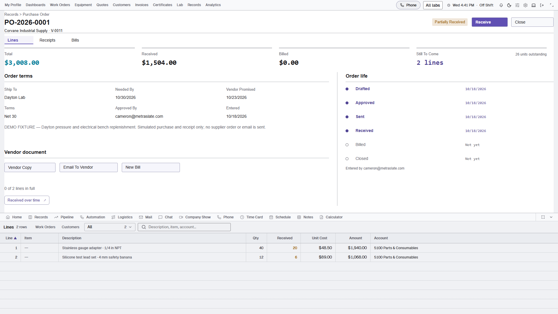 Purchase order with partial receipts, due dates, supplier and order lines.