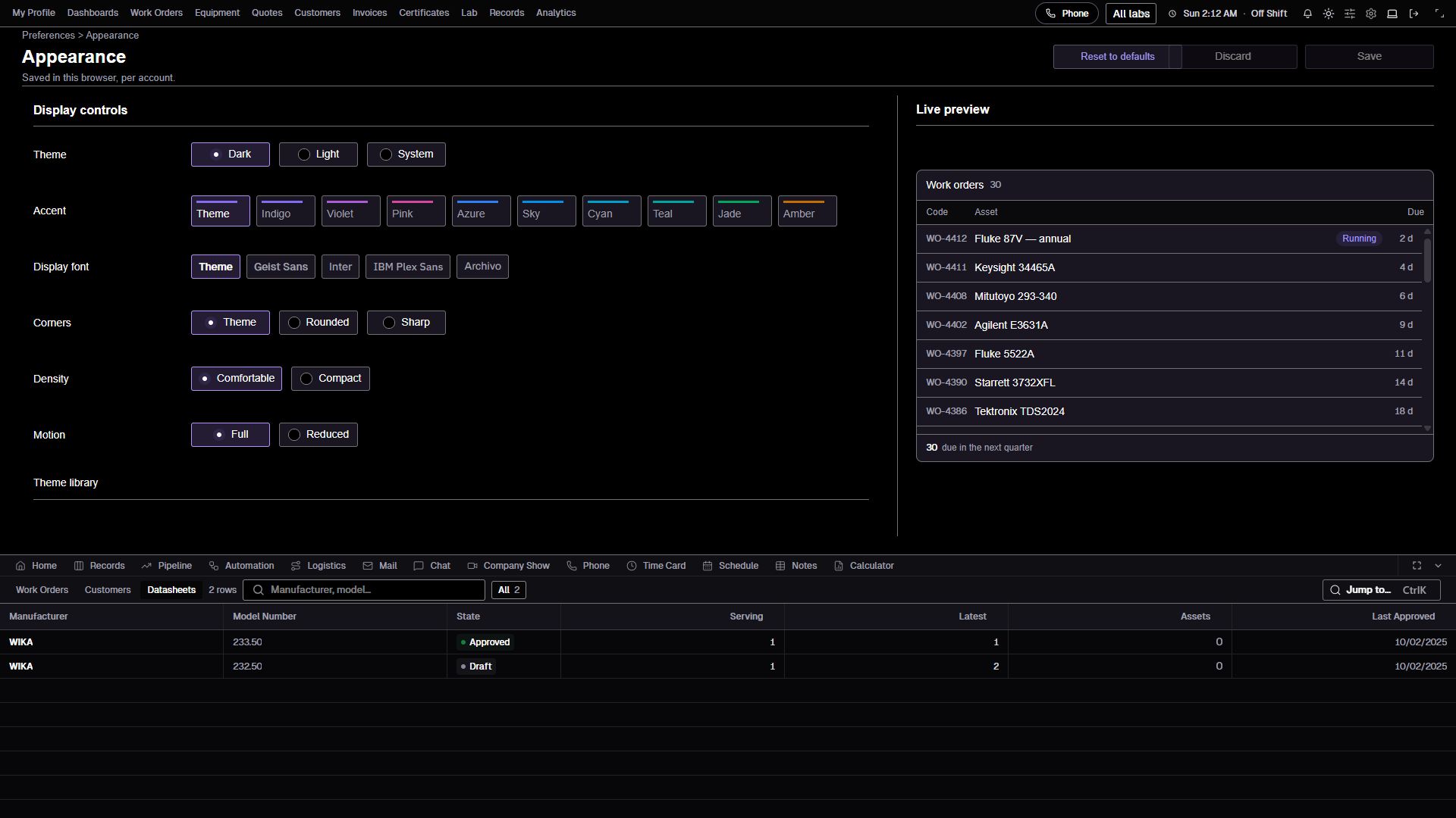 Theme, accent, font, corners, density, and motion preferences beside a built-in sample preview.