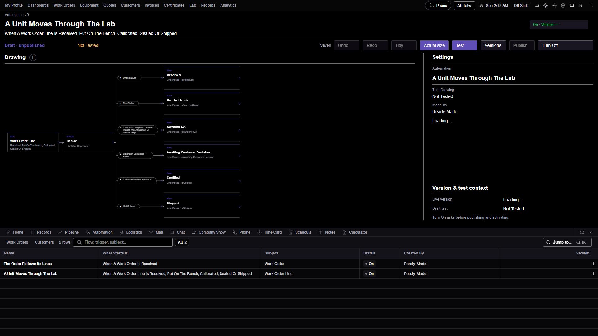 Workflow editor showing a unit moving through lab stages, with the configuration marked Not Tested.