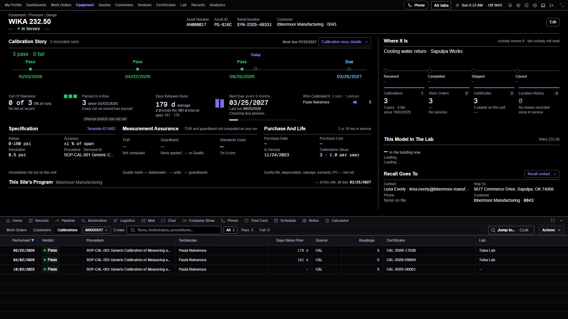 WIKA equipment record showing identity, calibration history, location, and related records.