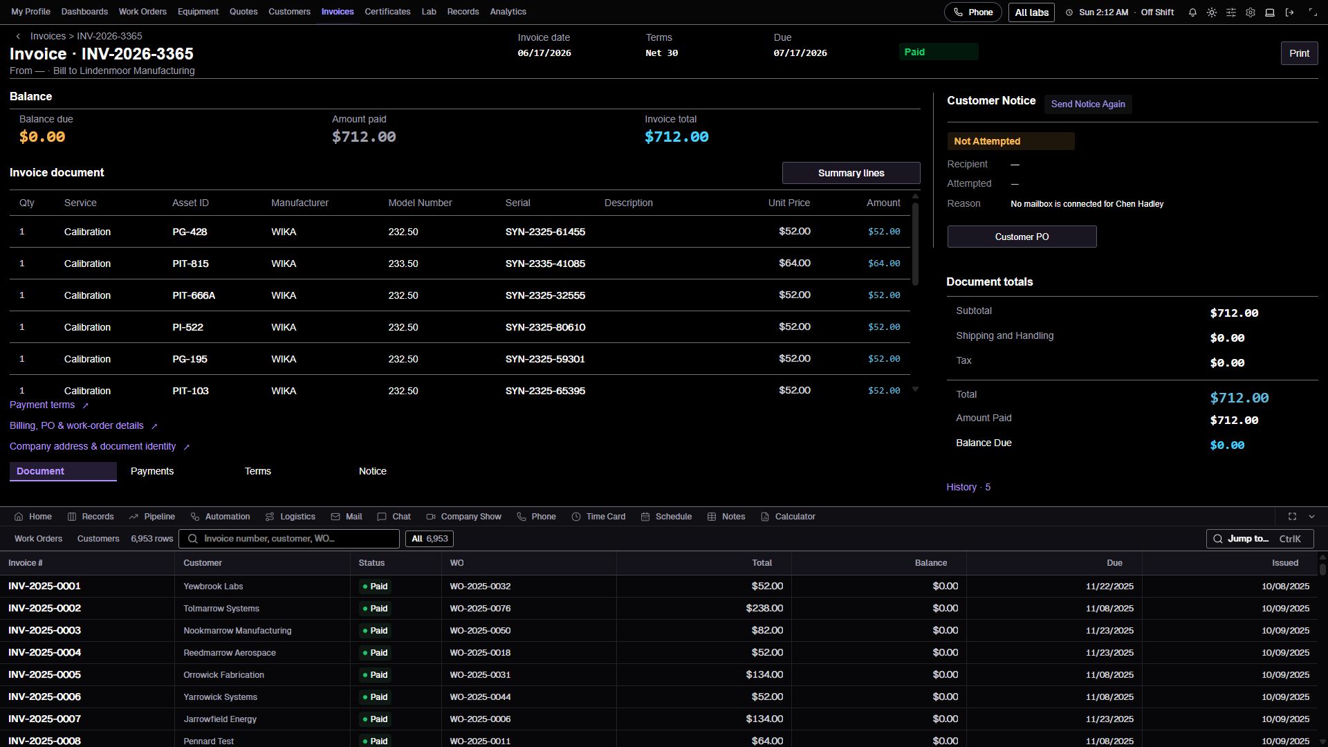 Invoice showing instrument service lines, amount paid, total, and balance.