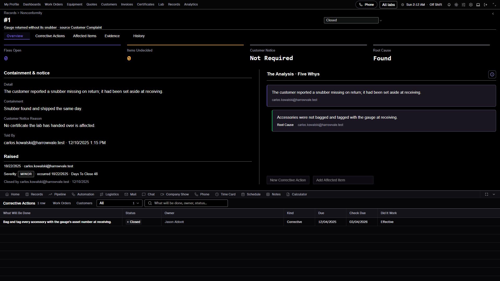 Quality record with containment, root cause analysis, and a closed corrective action.